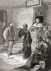 Una escena de la obra de William Shakespeare Rey Ricardo II, Acto 1, Escena 1, Bolingbroke: Cobarde pálido y tembloroso, aquí arrojo mi guante, de Las Obras de William Shakespeare, publicado 1896